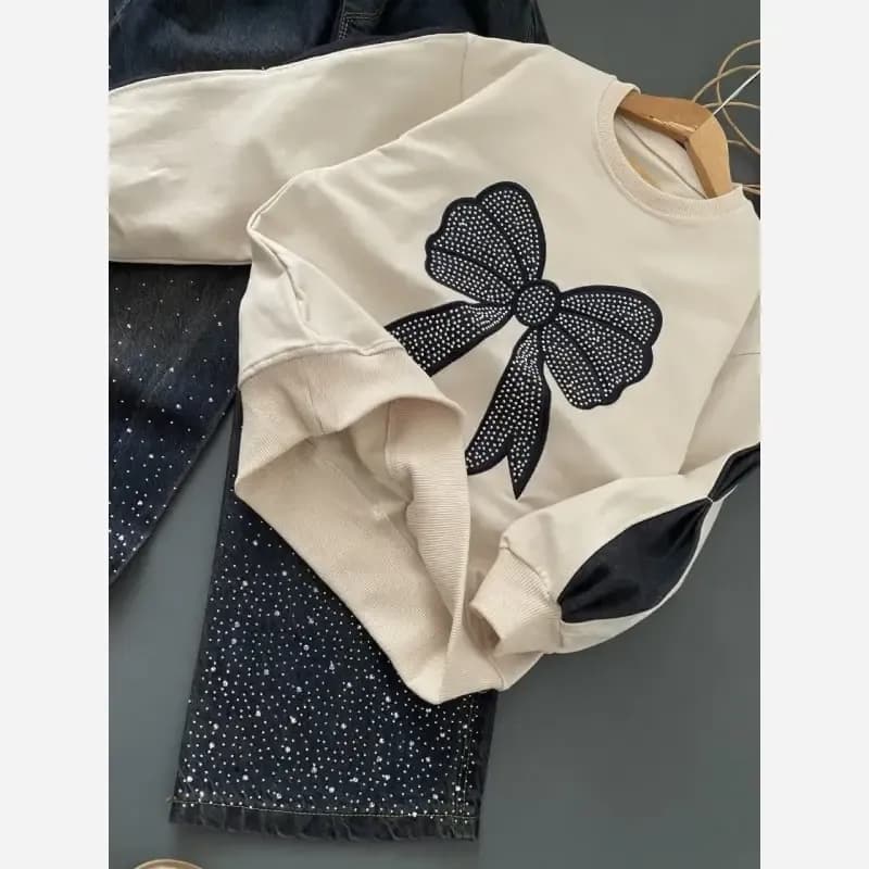 ست بلوز و شلوار لی دخترانه مدل پاپیونی دورس پنبه لاکرا سایز 50 تا 70 — تصویر ۴