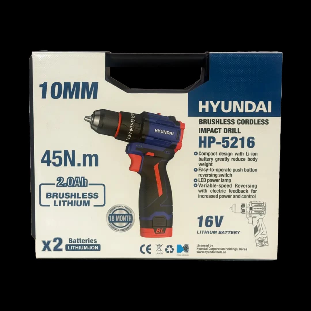دریل شارژی براشلس چکشی 16 ولت هیوندای مدل HP-5216 (دوباتری) — تصویر ۲