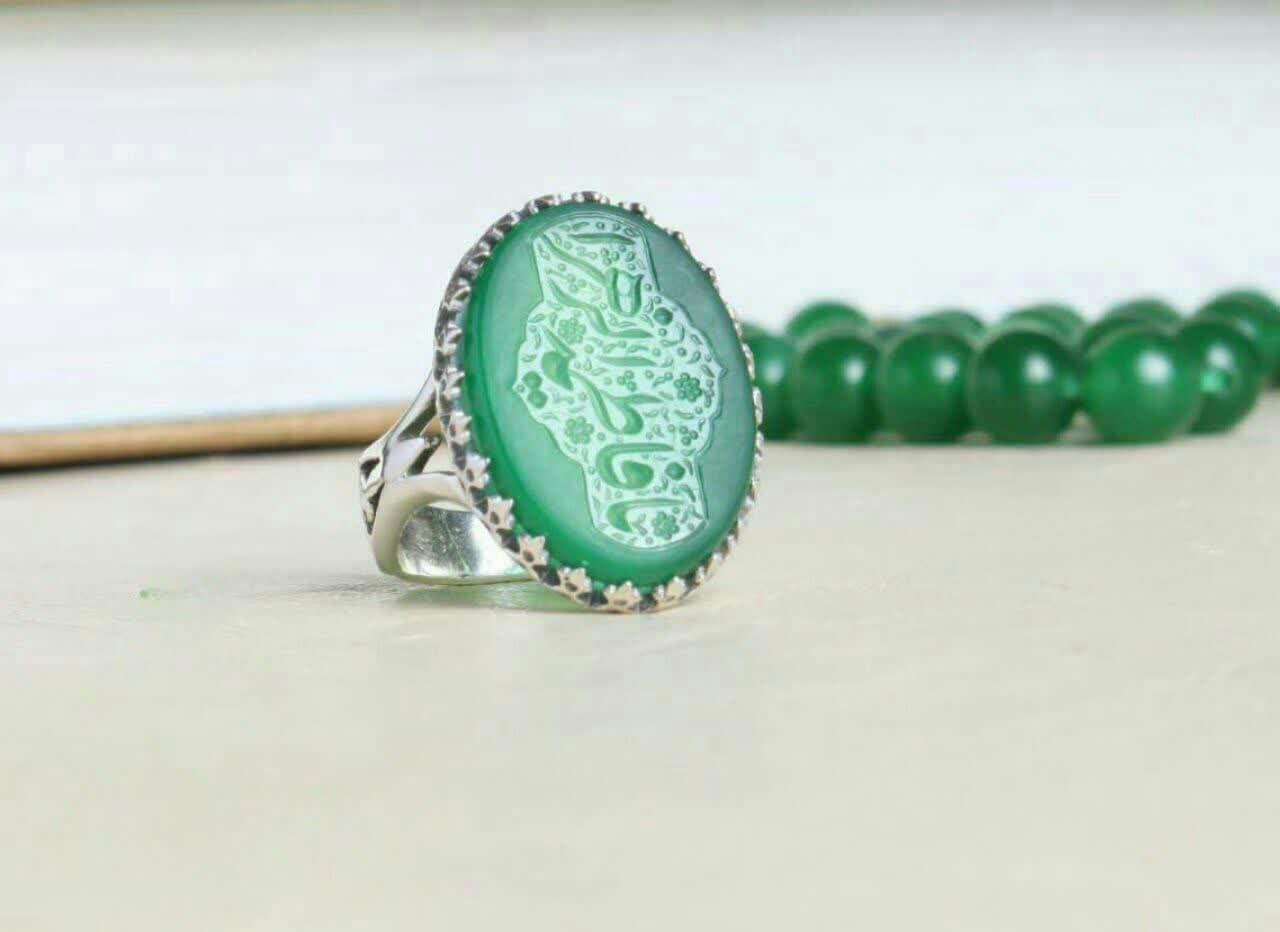 انگشتر عقیق سبز با حکاکی یا فاطمه الزهرا کد 5227 — تصویر ۲