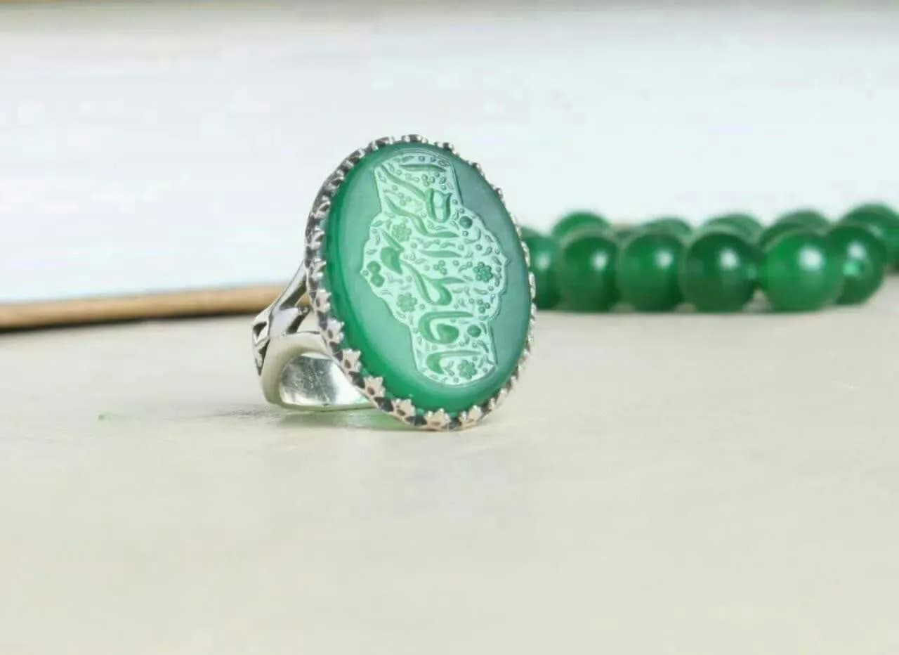 انگشتر عقیق سبز با حکاکی یا فاطمه الزهرا کد 5227