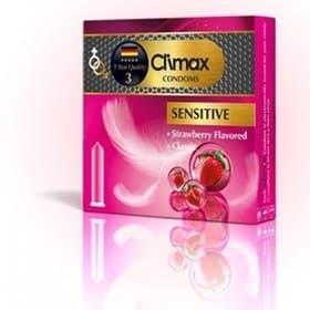 کاندوم ساده کلایمکس با اسانس توت فرنگی sensitive بسته3عددی