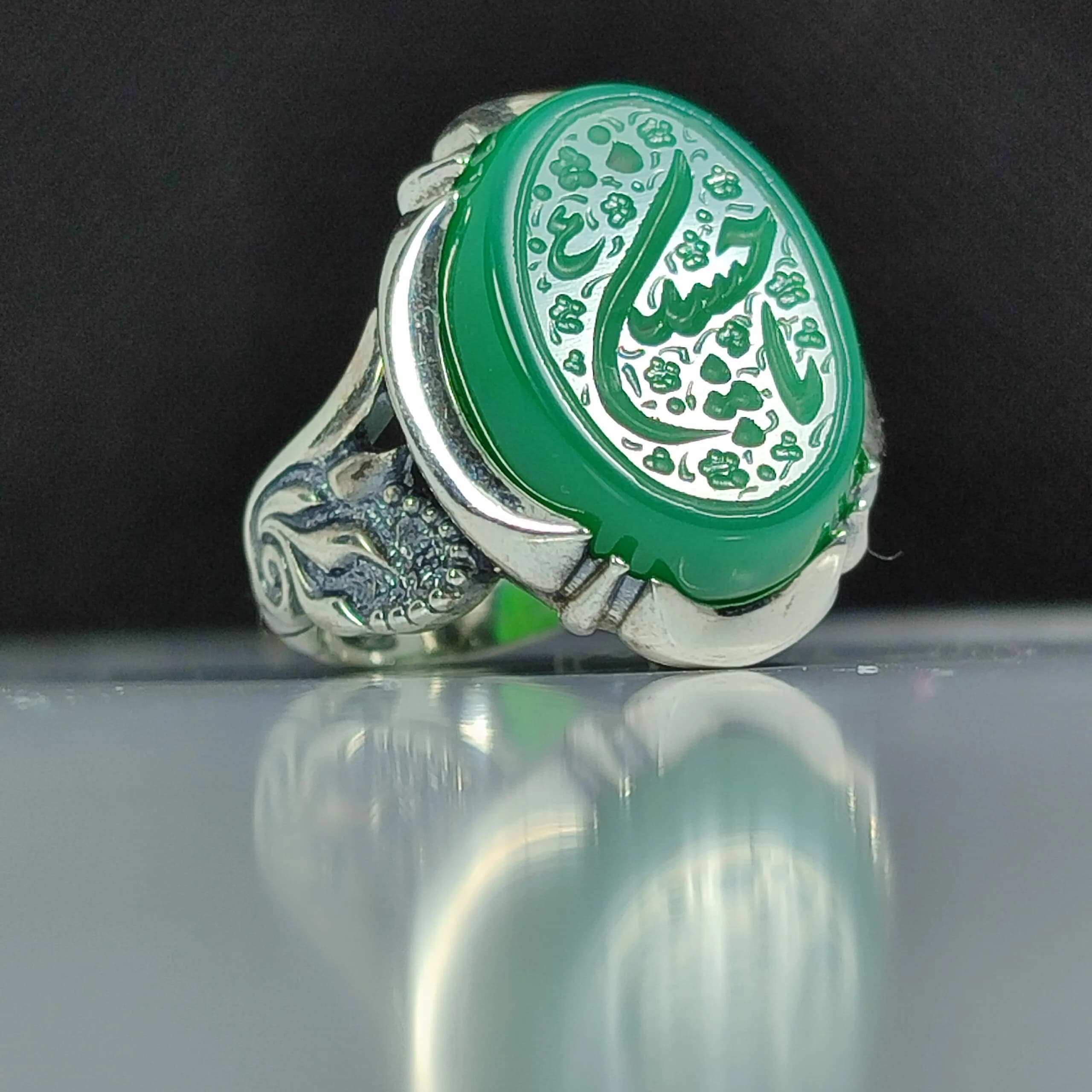 انگشتر نقره باسنگ عقیق سبز حکاکی یاحسین کد 2281 — تصویر ۴