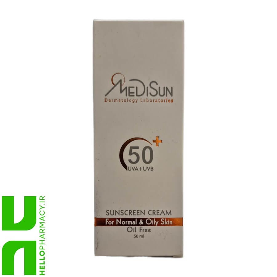 کرم ضد آفتاب SPF50 پوست معمولی و چرب بی رنگ مدیسان 50میلی لیتر