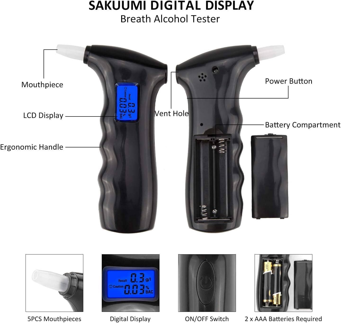 دستگاه تست الکل قابل حمل مدل LCD Breathalyzer با دقت بالا و ۵ سری دهانی — تصویر ۵