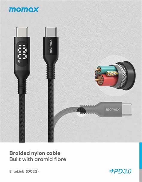 کابل شارژ سریع ۱۰۰ وات مومکس با نمایشگر توان | Momax EliteLink 100W USB-C to USB-C Cable with Digital Display DC22D — تصویر ۵