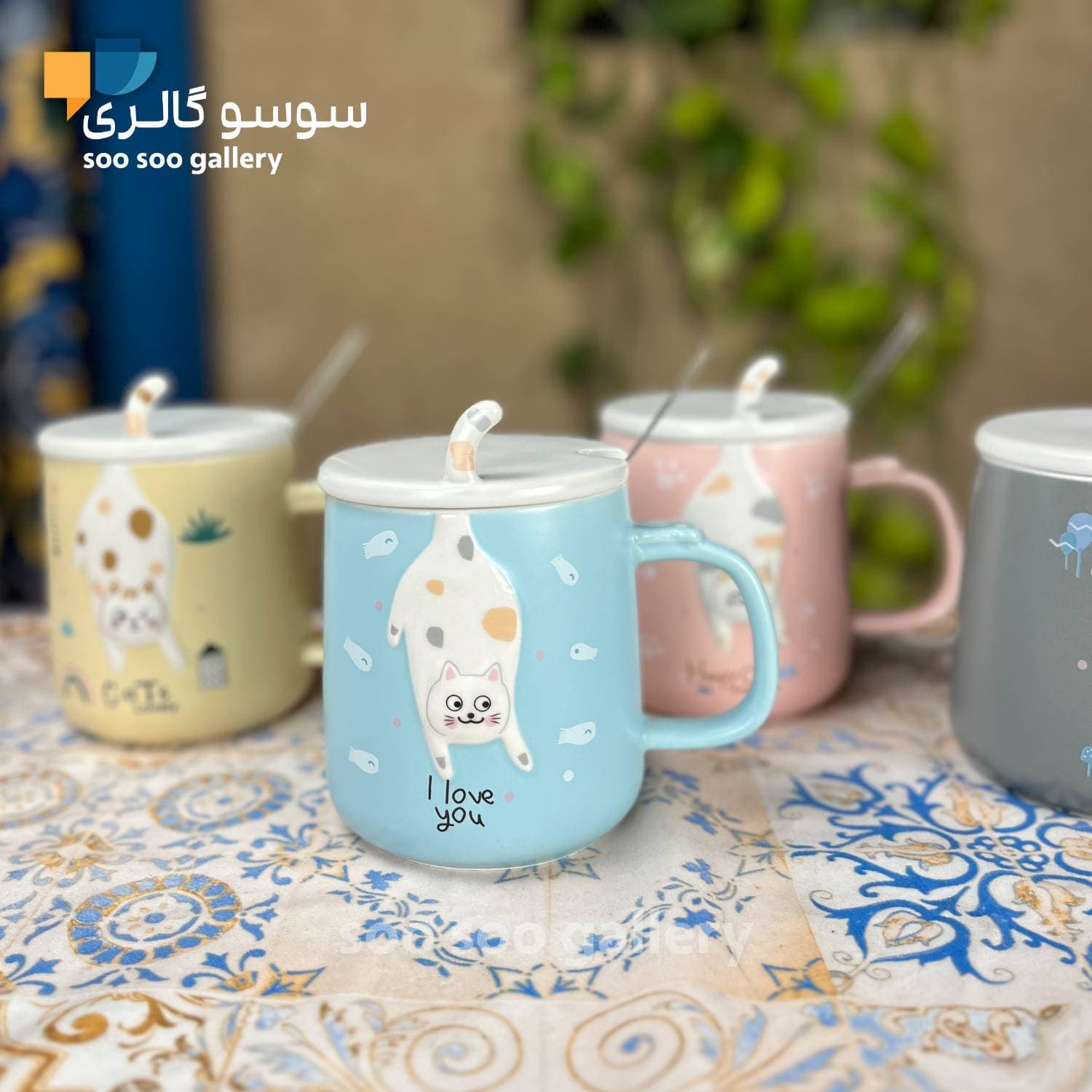 ماگ گربه دم برجسته درب دار فانتزی