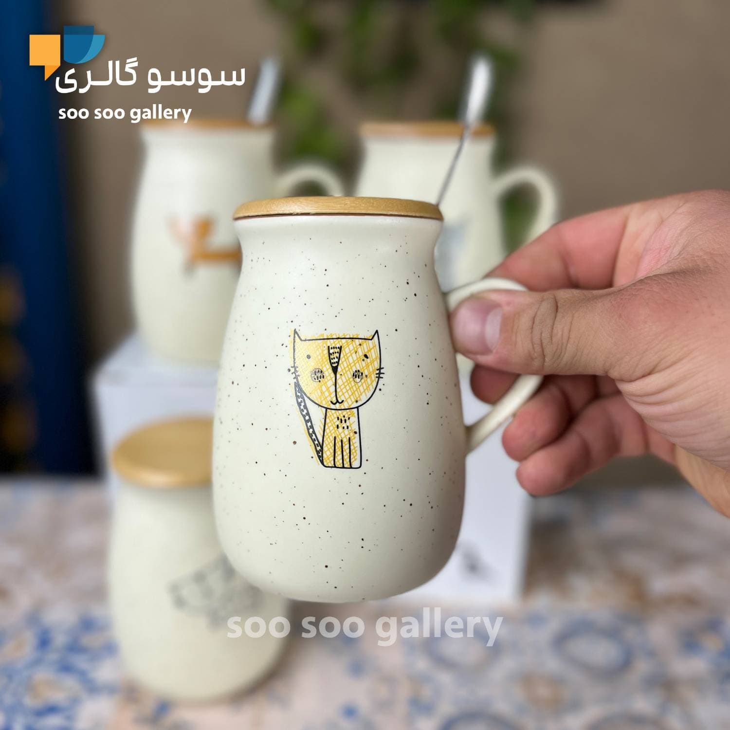 ماگ گربه خمره ای درب بامبو قاشق دار — تصویر ۵