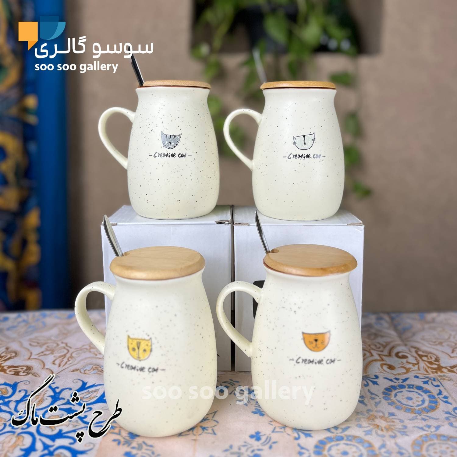 ماگ گربه خمره ای درب بامبو قاشق دار — تصویر ۲