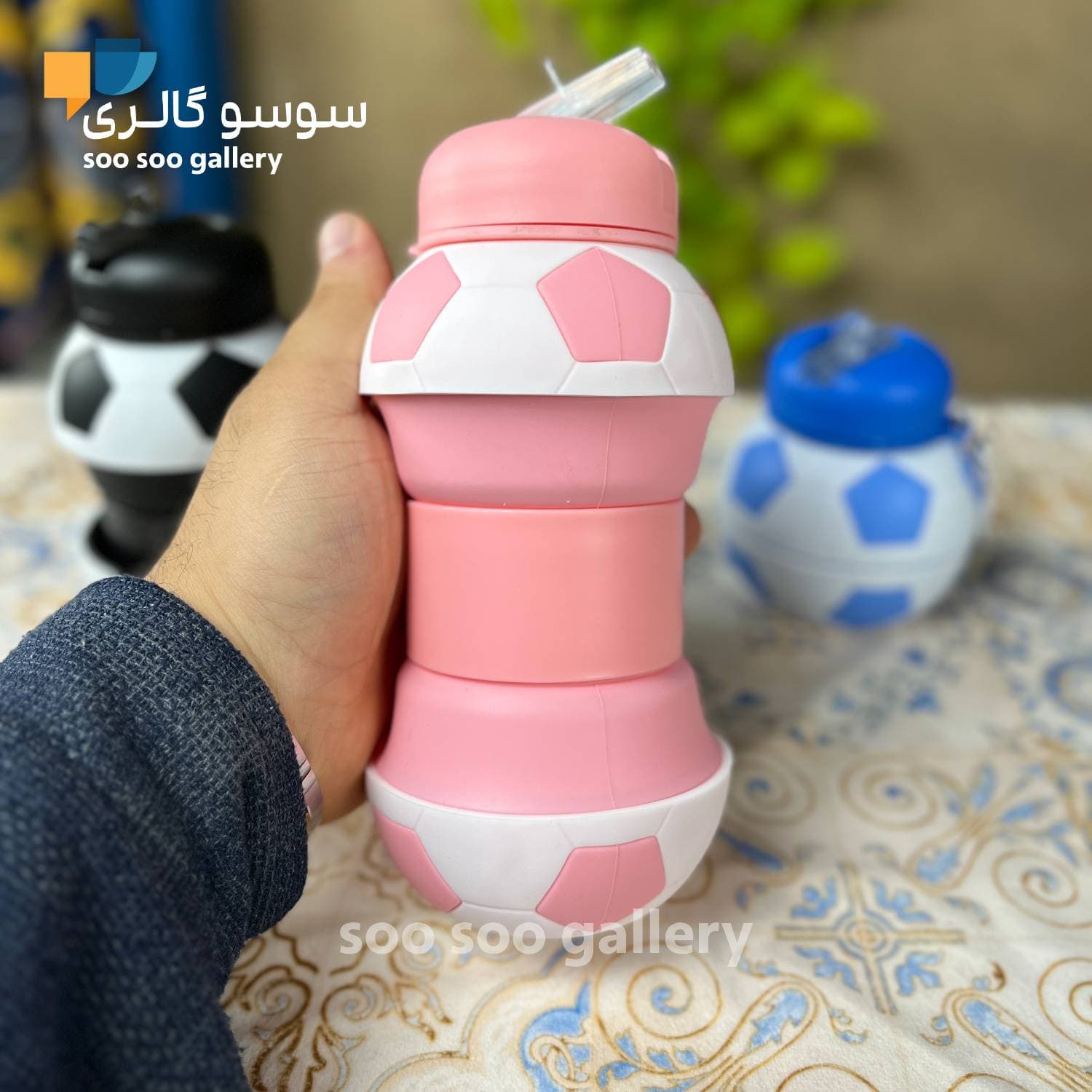 قمقمه توپ فوتبال تاشو سیلیکونی نی دار — تصویر ۶