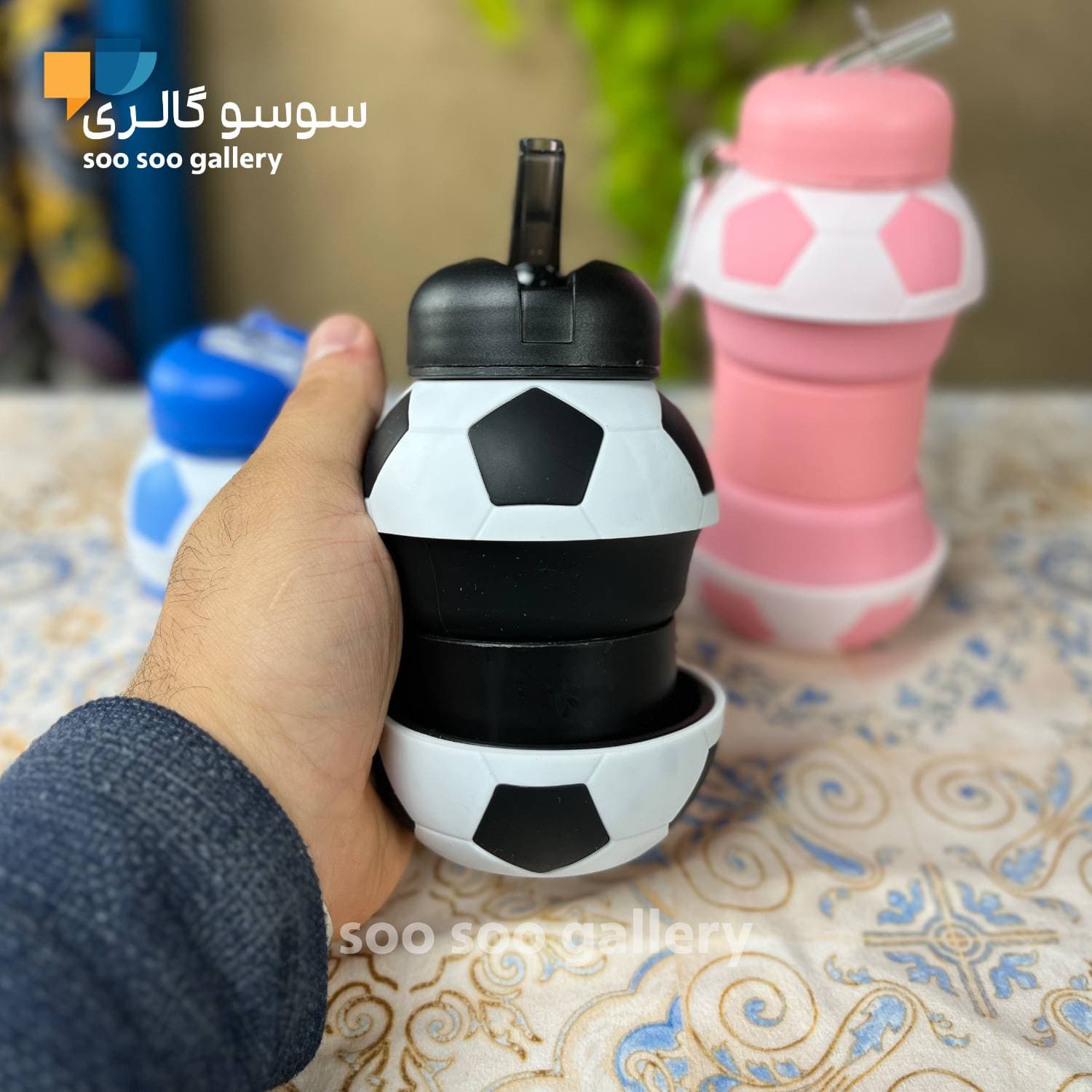 قمقمه توپ فوتبال تاشو سیلیکونی نی دار — تصویر ۸