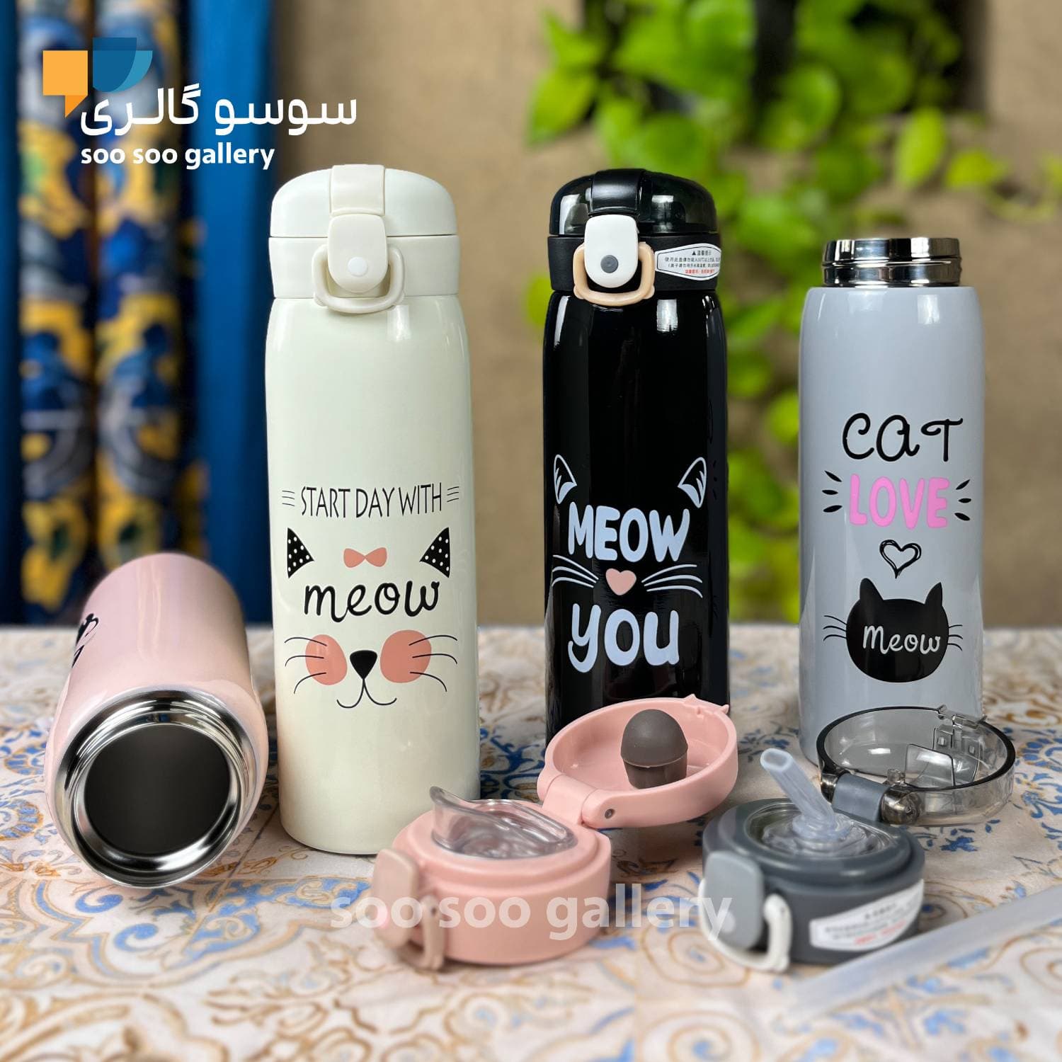 قمقمه استیل کودک نی دار طرح گربه (MEOW) — تصویر ۲