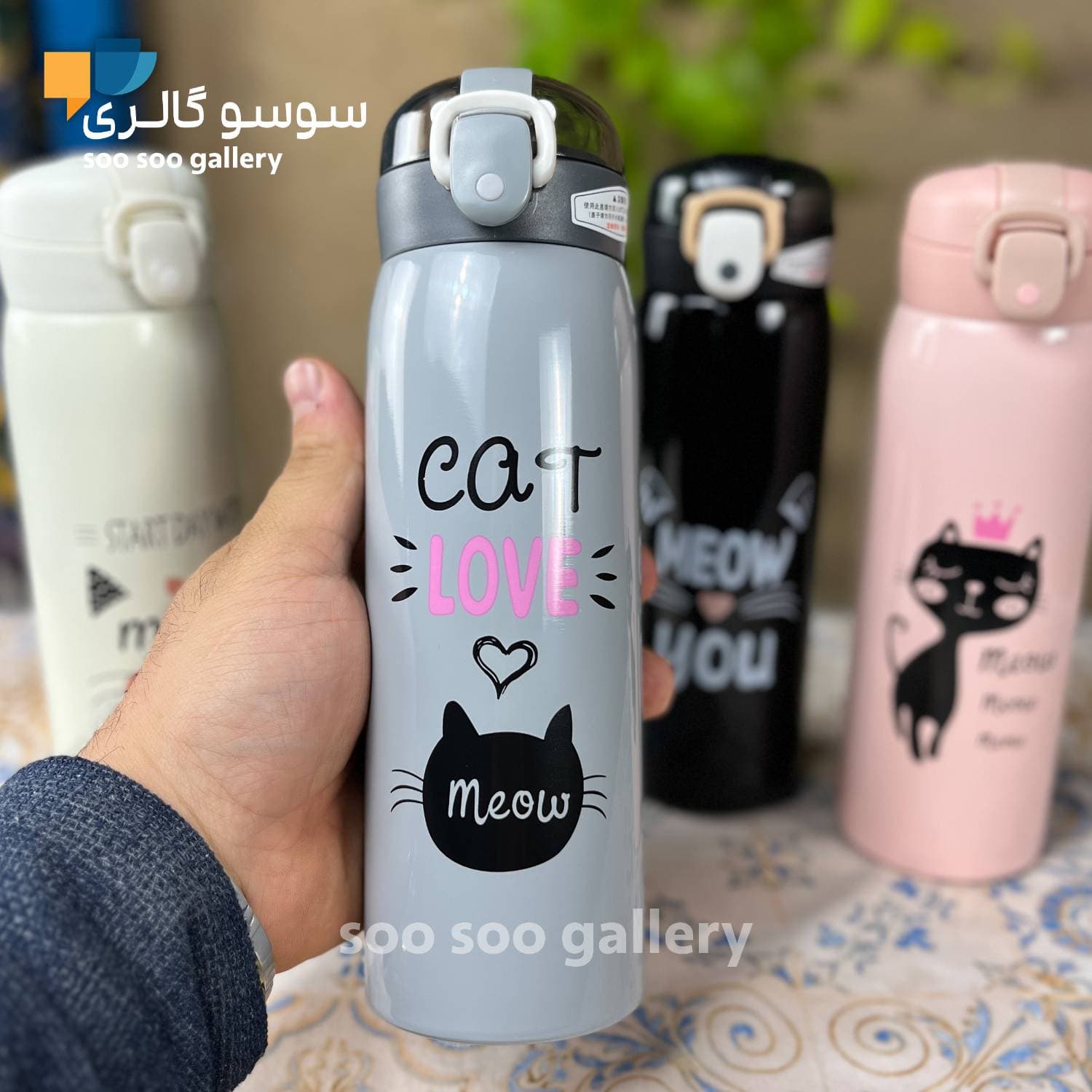 قمقمه استیل کودک نی دار طرح گربه (MEOW) — تصویر ۴