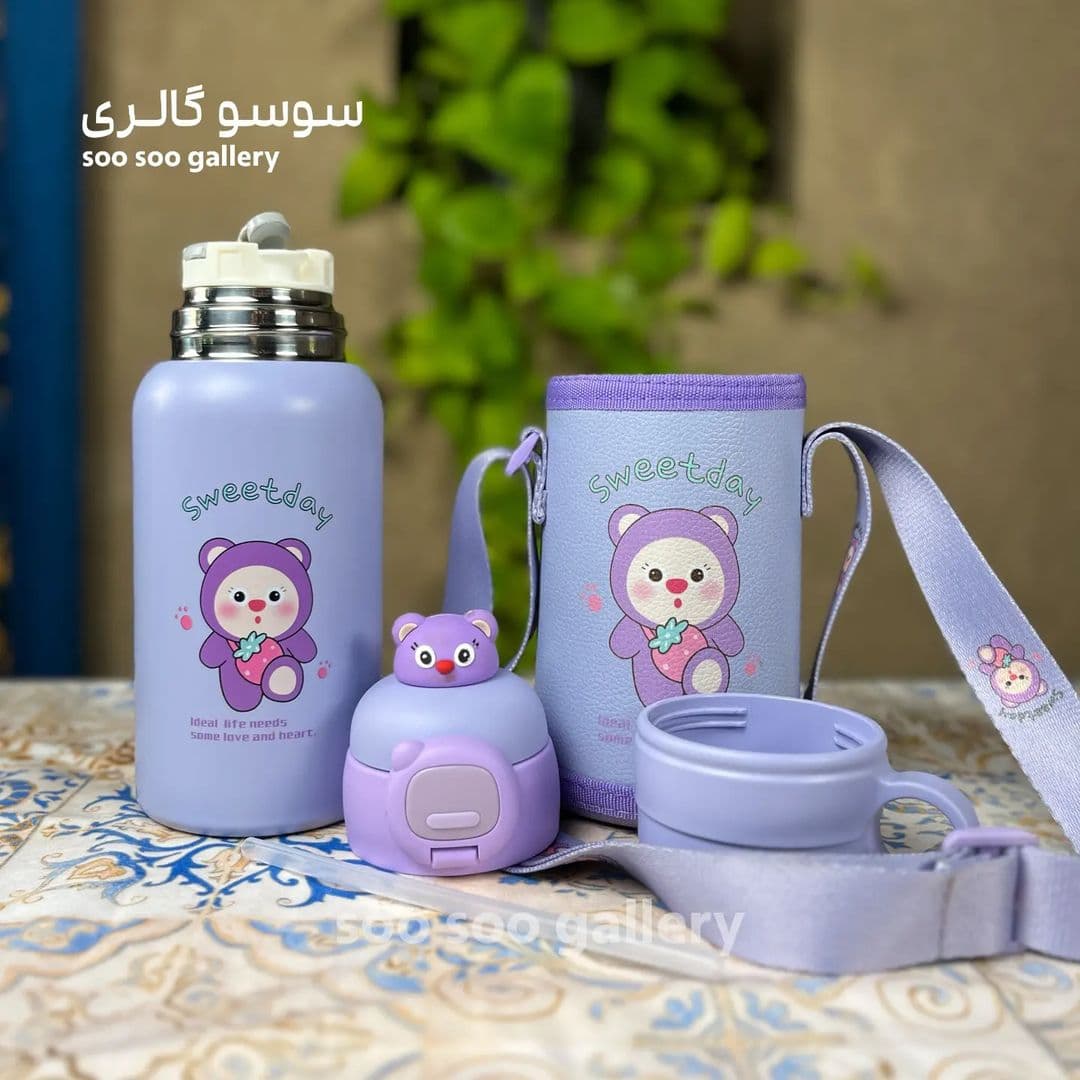 فلاسک و قمقمه استیل طرح حیوانات کیف دار دو درب — تصویر ۲