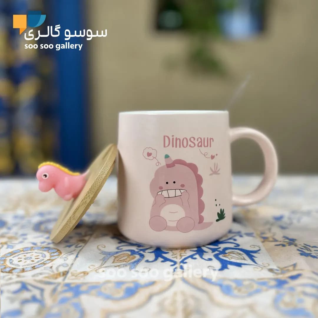 ماگ طرح دایناسور درب بامبو عروسکی قاشق دار — تصویر ۴