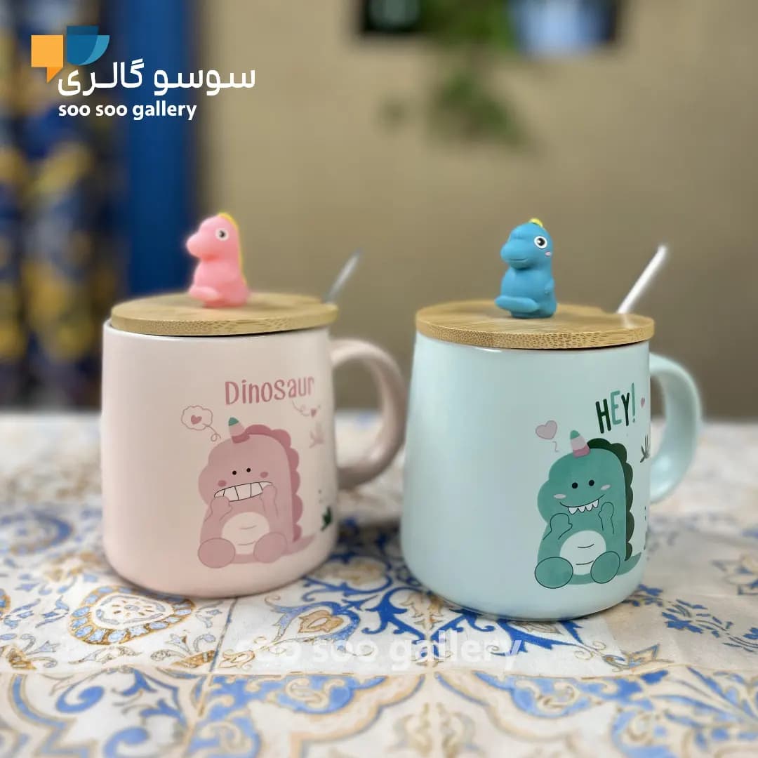ماگ طرح دایناسور درب بامبو عروسکی قاشق دار — تصویر ۵