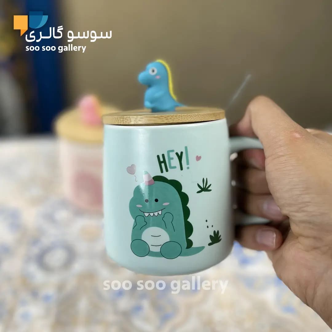 ماگ طرح دایناسور درب بامبو عروسکی قاشق دار — تصویر ۳