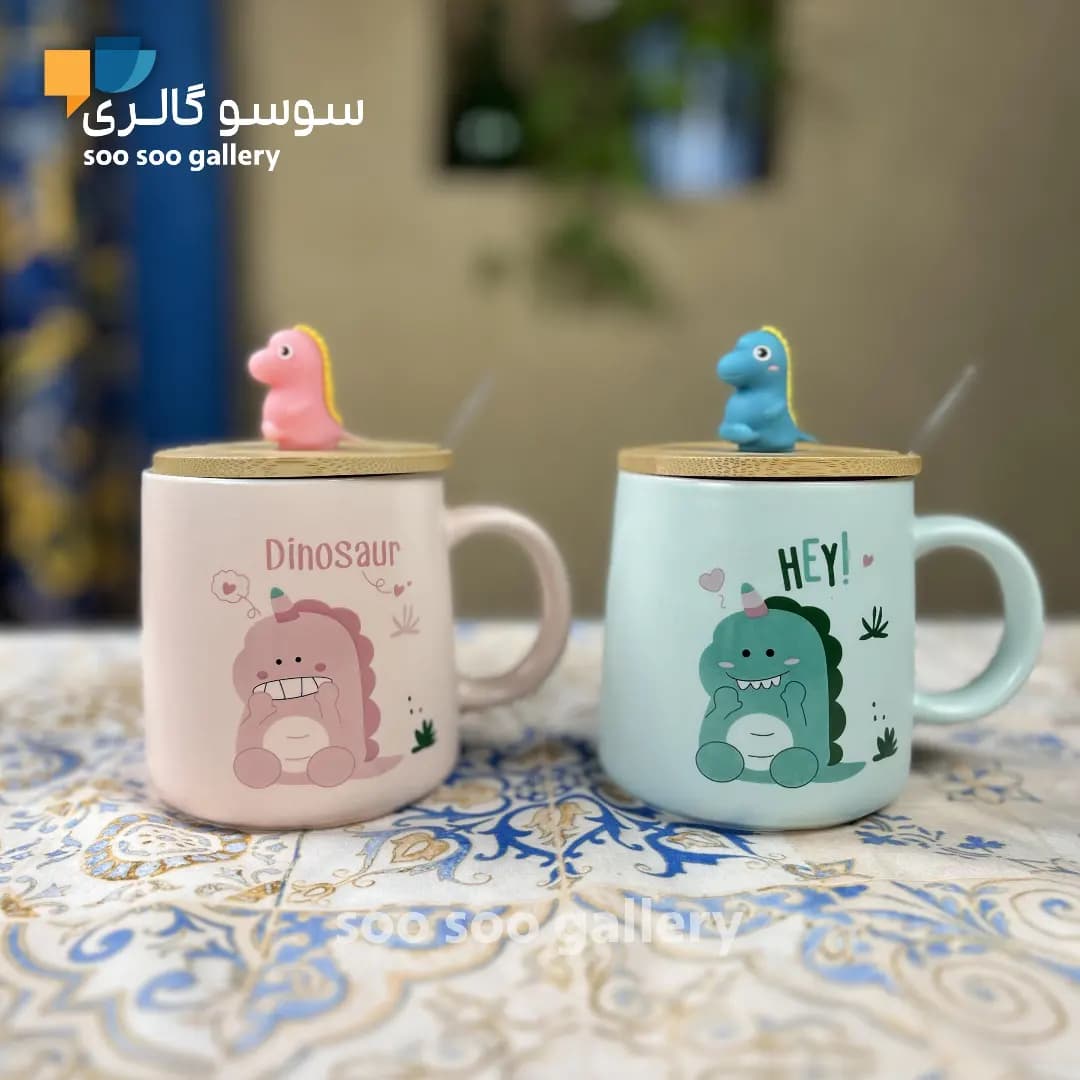 ماگ طرح دایناسور درب بامبو عروسکی قاشق دار
