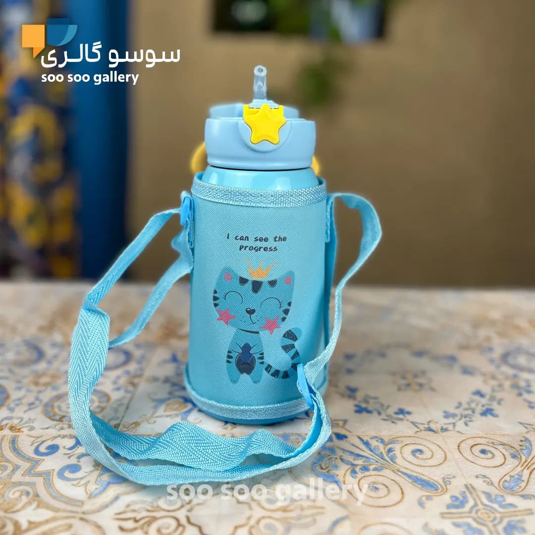 قمقمه استیل شاخ گوزن کودک طرح گربه آبی تک درب — تصویر ۳