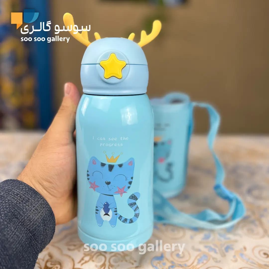 قمقمه استیل شاخ گوزن کودک طرح گربه آبی تک درب — تصویر ۲