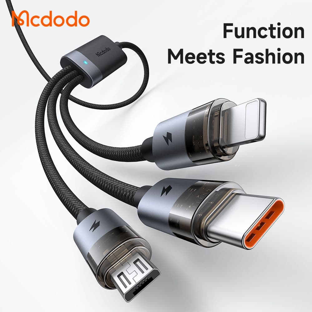 کابل شارژ 2 به 3 چندکاره میکرو + لایتنینگ + تایپ سی 100 وات مک دودو MCDODO CA-7260 طول 1.2متر — تصویر ۵