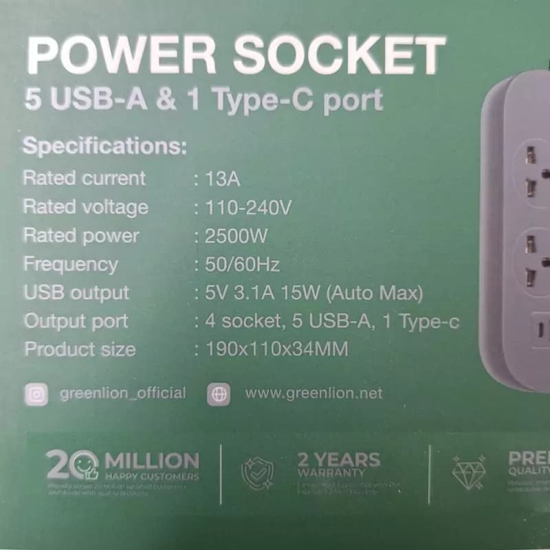 چند راهی برق گرین لیون مدل Green lion GNPOWS5USB power socket 2500W — تصویر ۵