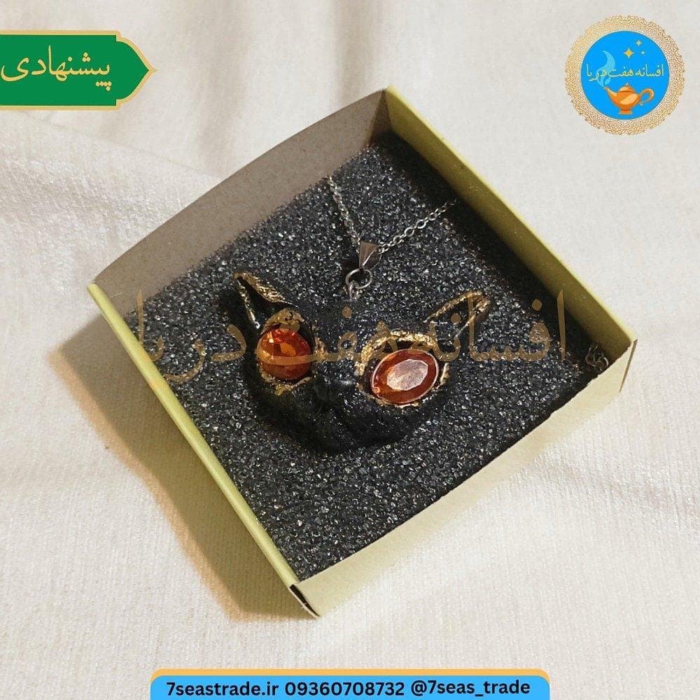 گردنبند فلزی نقره ای مدال شمایل آنوبیس مدل چشم نگین نارنجی — تصویر ۳