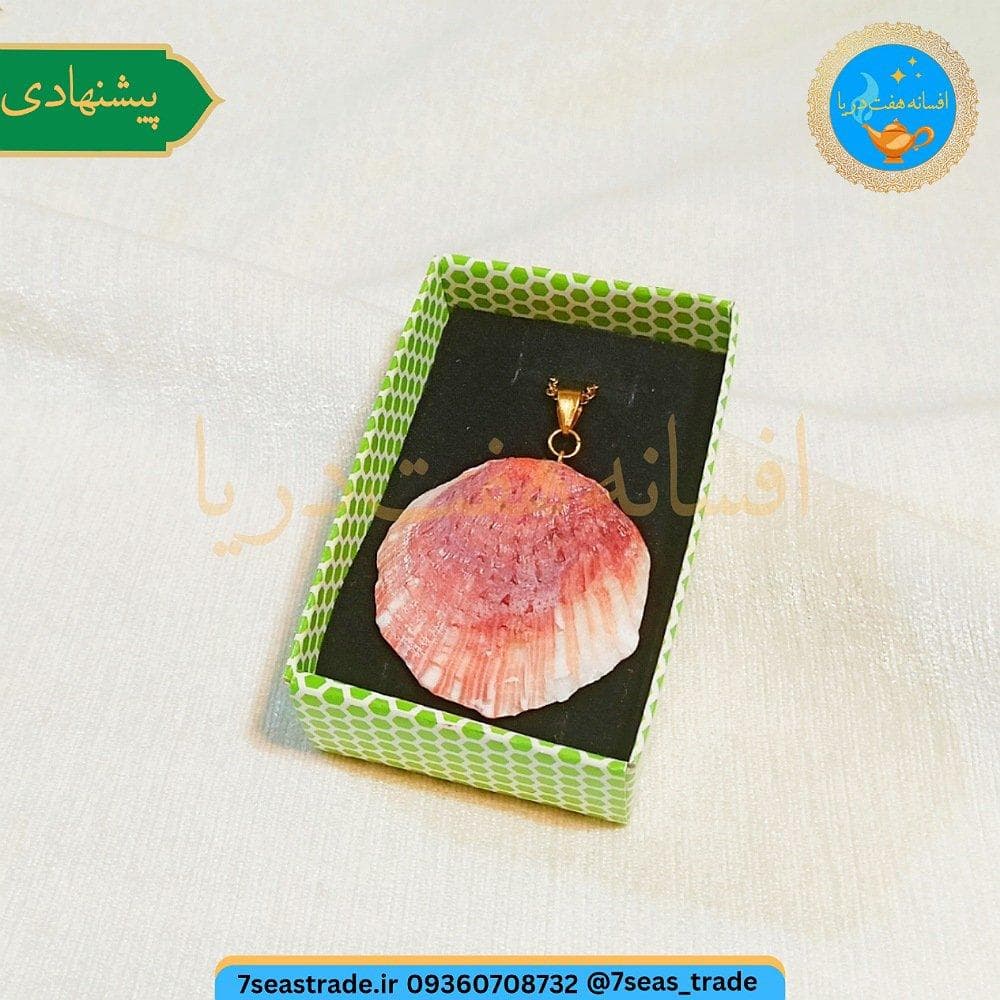 گردنبند فلزی طلایی مدال صدف طبیعی دریای جنوب رنگ گلبهی سایز متوسط صنایع دستی هرمزگان