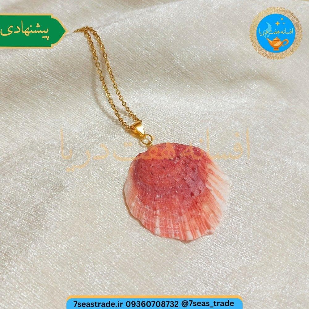 گردنبند فلزی طلایی مدال صدف طبیعی دریای جنوب رنگ گلبهی سایز متوسط صنایع دستی هرمزگان — تصویر ۴