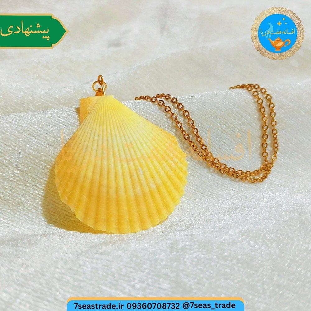گردنبند فلزی طلایی مدال صدف طبیعی دریا رنگ زرد سایز متوسط صنایع دستی هرمزگان