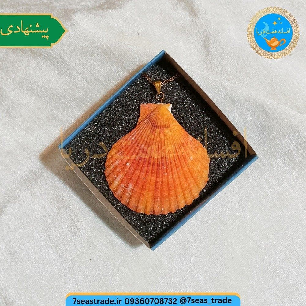 گردنبند فلزی طلایی مدال صدف طبیعی دریا رنگ نارنجی سایز بزرگ صنایع دستی هرمزگان