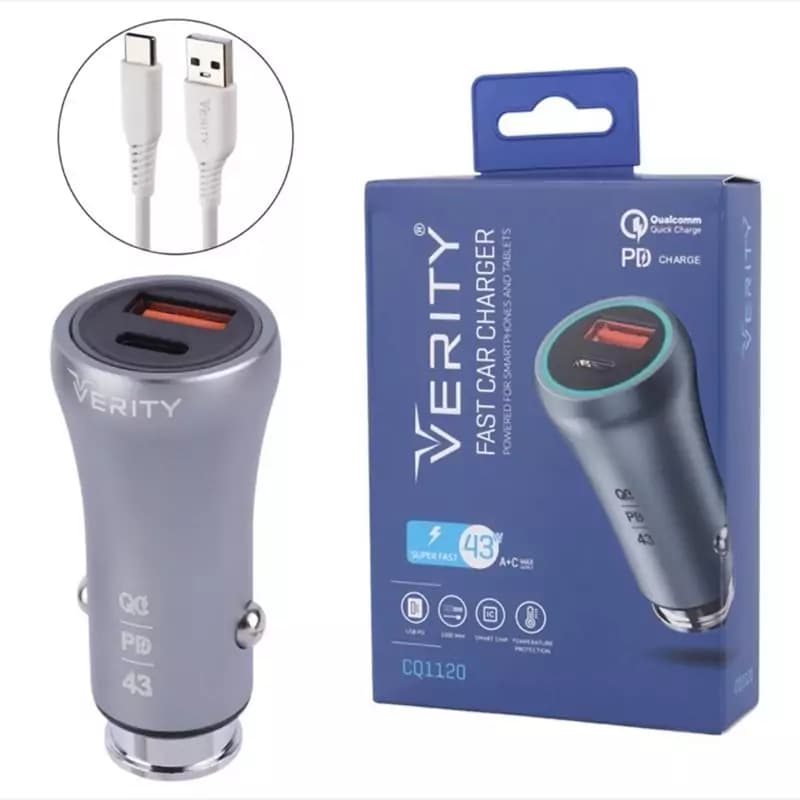 شارژر فندکی سوپر فست شارژ 43 وات وریتی با گارانتی به همراه کابل یک متری تایپ سی VERITY Fast Car Charger CQ1120 43W