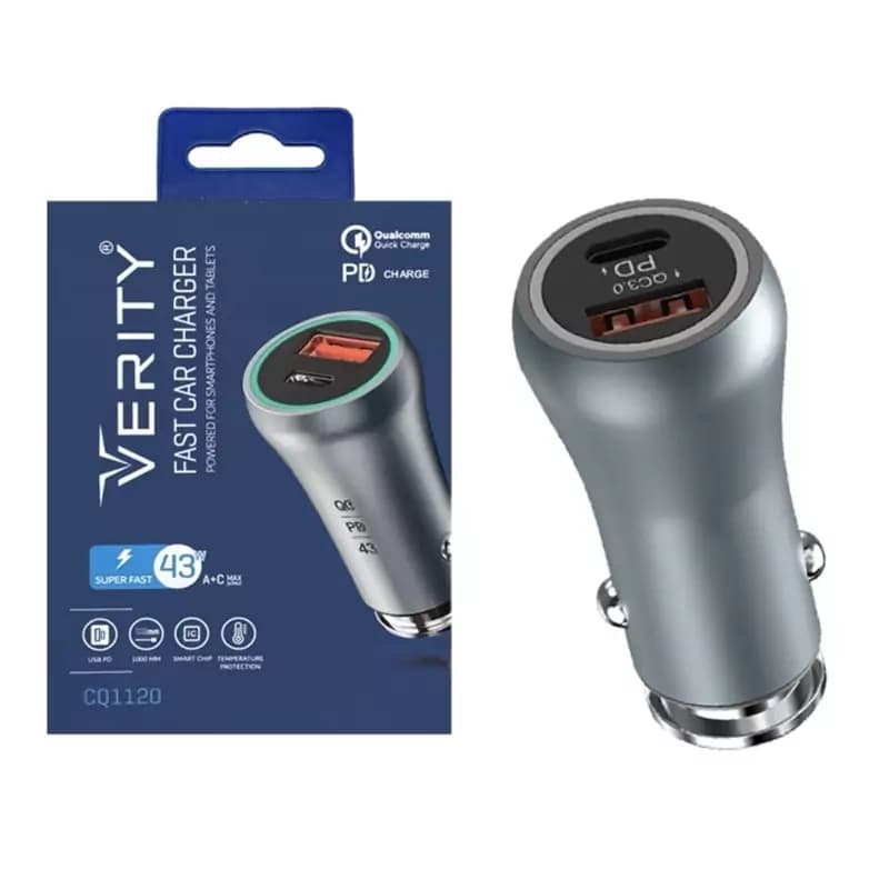 شارژر فندکی سوپر فست شارژ 43 وات وریتی با گارانتی به همراه کابل یک متری تایپ سی VERITY Fast Car Charger CQ1120 43W — تصویر ۴