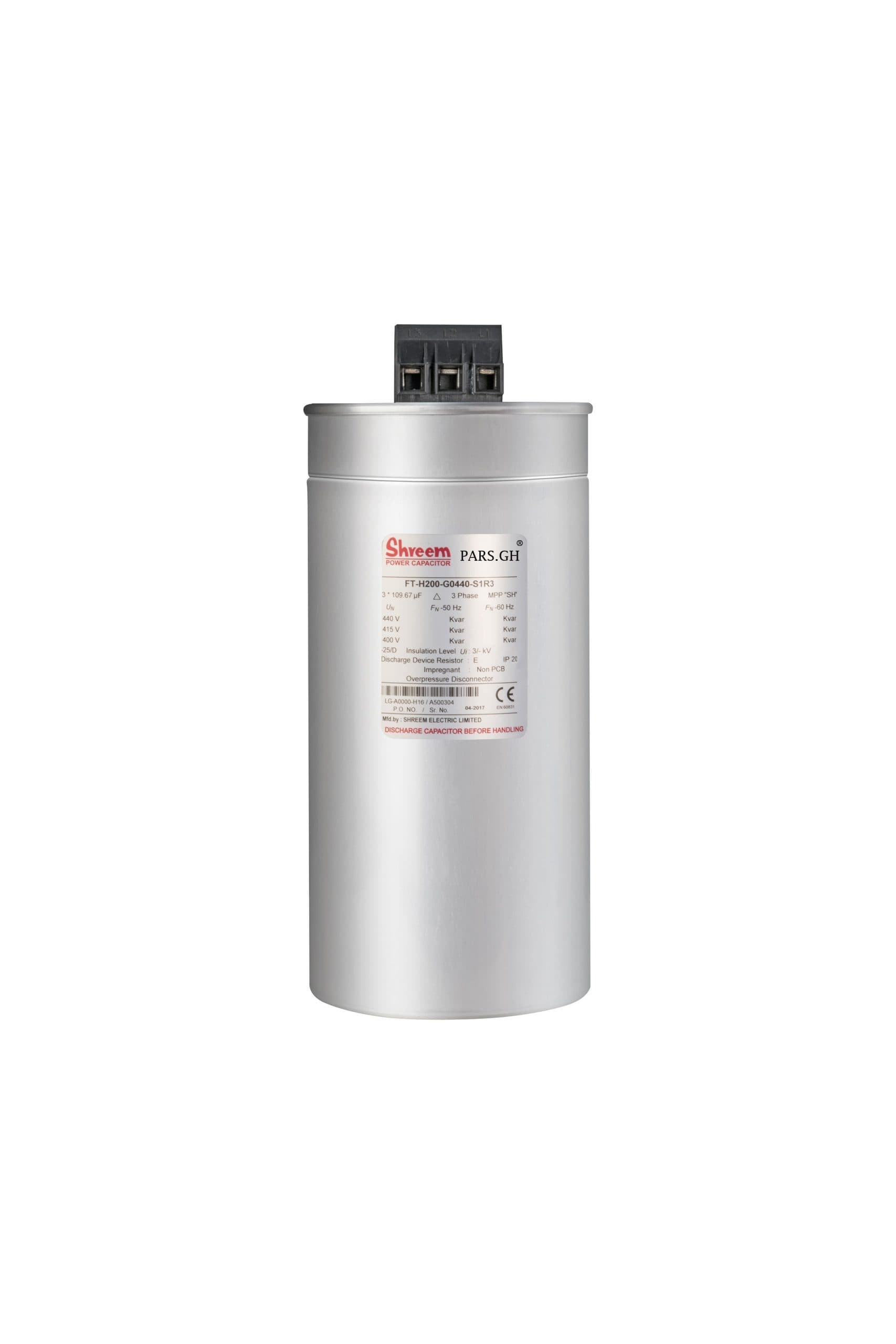 خازن سه فاز سیلندری 30 کیلو وار گازی در 440 ولت پارس شریم کد فنی FT-H300-G0440-S1R3 — تصویر ۲