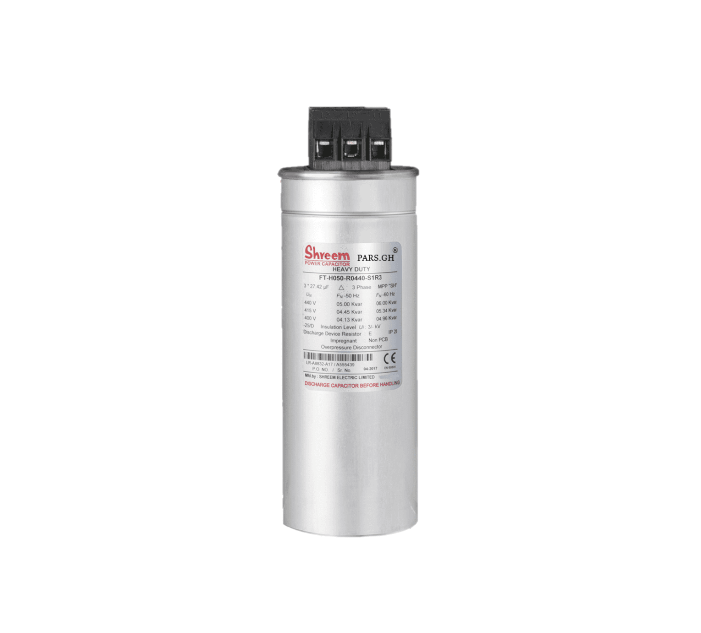 خازن سه فاز سیلندری 5 کیلو وار روغنی در 440 ولت پارس شریم کد فنی FT-H050-R0440-S1R3 — تصویر ۲