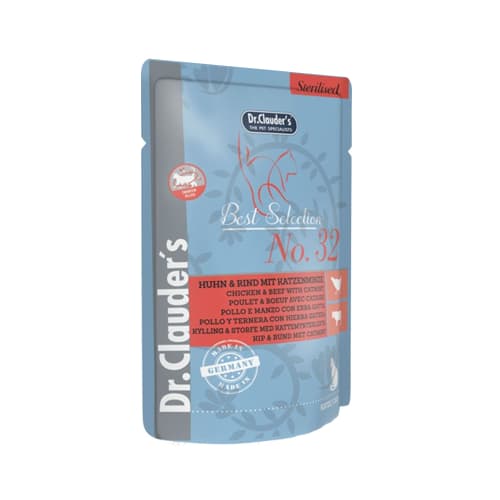 پوچ گربه دکتر کلادرز عقیم شده مرغ، گوشت و کتنیپ Dr.Clauder’s وزن 85 گرم