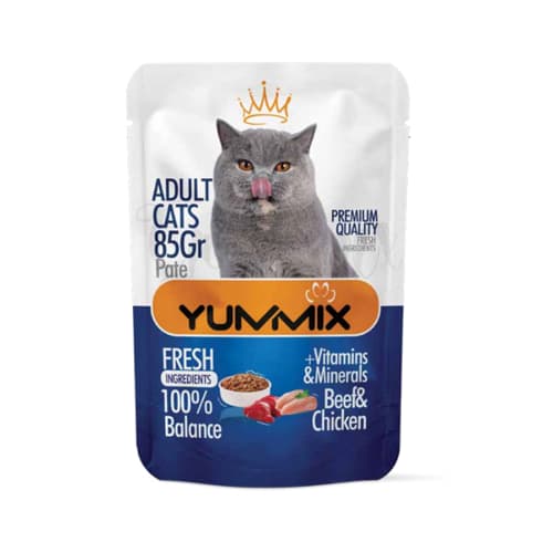 پوچ گربه بالغ یامیکس پته مرغ و گوشت Yumix وزن 85 گرم