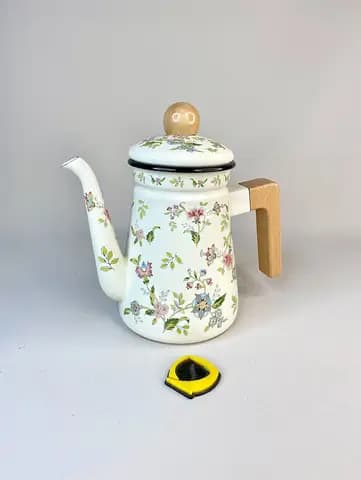 کتری لعابی طرح گل بهاری دسته بغل چوبی 1/2 لیتر
