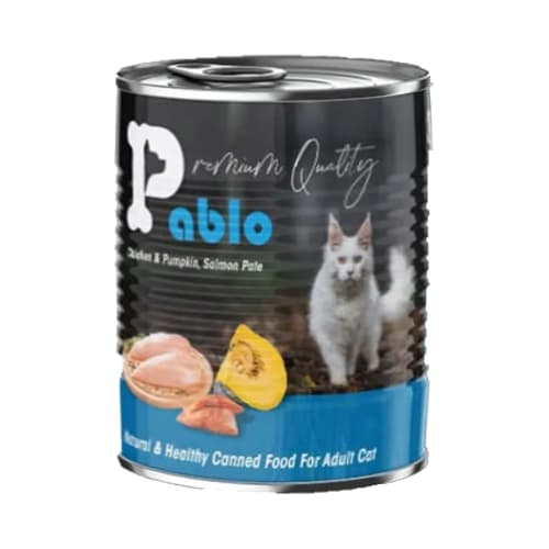 کنسرو گربه بالغ سوپرپرمیوم پابلو پته مرغ، ماهی سالمون و کدوتنبل Pablo وزن 800 گرم