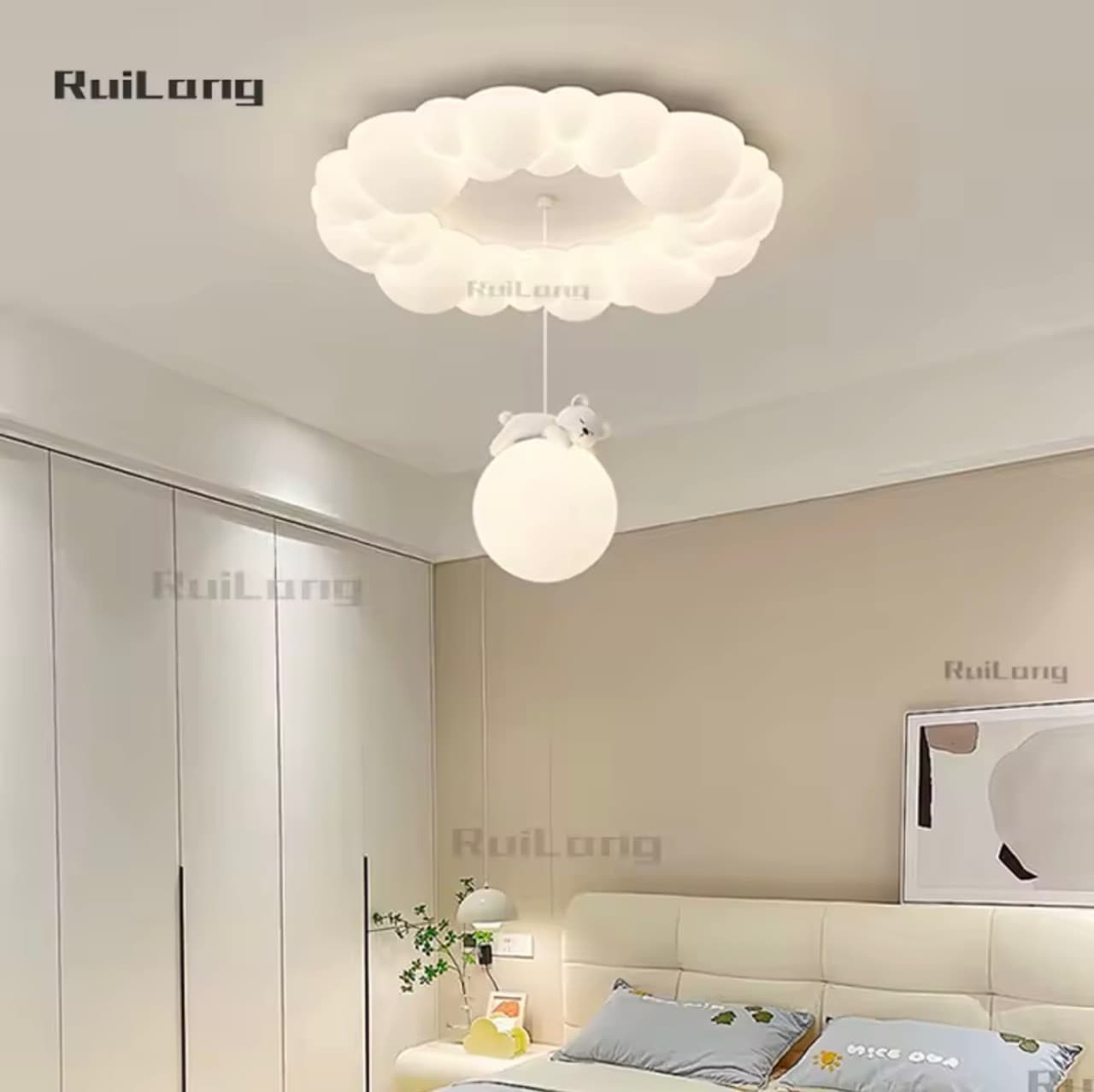 پرنورترین لوستر وارداتی اتاق خواب و اتاق کودک سقفی با آویز تدی در دو مدل ابری و ساده دارای ریموت کنترل و تغییر نور سه حالته — تصویر ۷