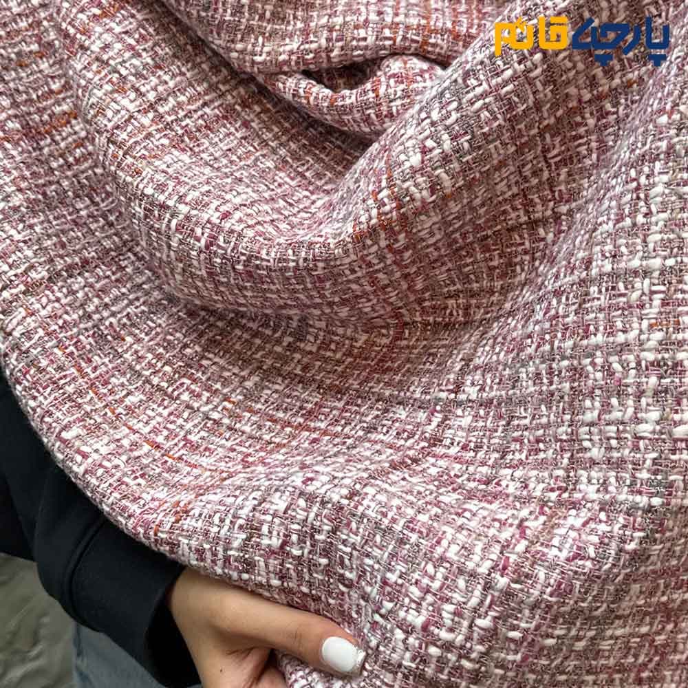 پارچه پاییزه و زمستانه شانل پشمی ایتالیایی بافت ریز رنگ صورتی روشن و سبز و خردلی کد8285 — تصویر ۲