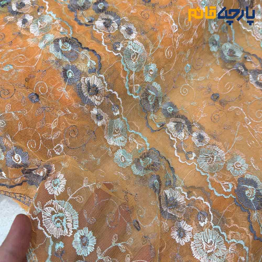 پارچه مجلسی دانتل کره ای زمینه نارنجی متوسط گل رنگی کد8178 — تصویر ۴