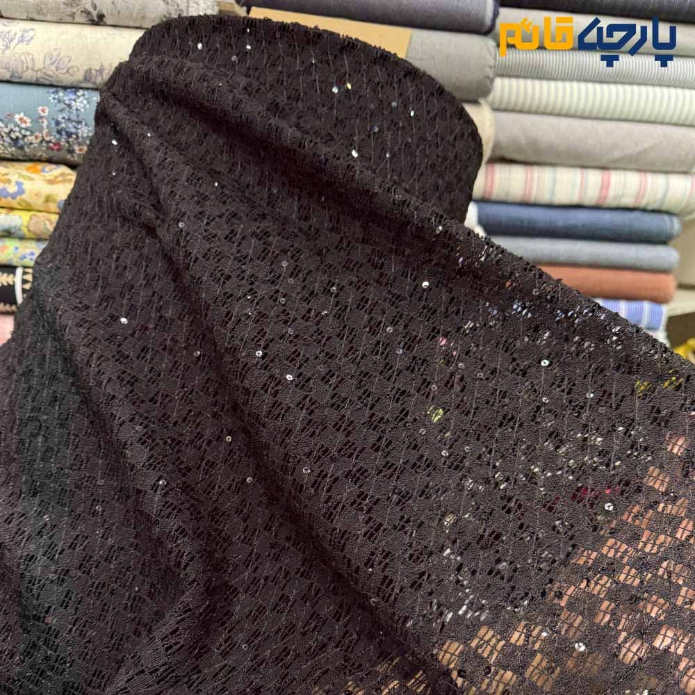 پارچه مجلسی تور کتان ایتالیایی رنگ مشکی طرح مربعی لمه دوزی کد7815