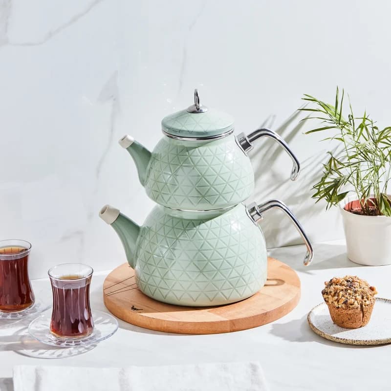 ست کتری و قوری لعابی سبز کاراجا مدل kristal