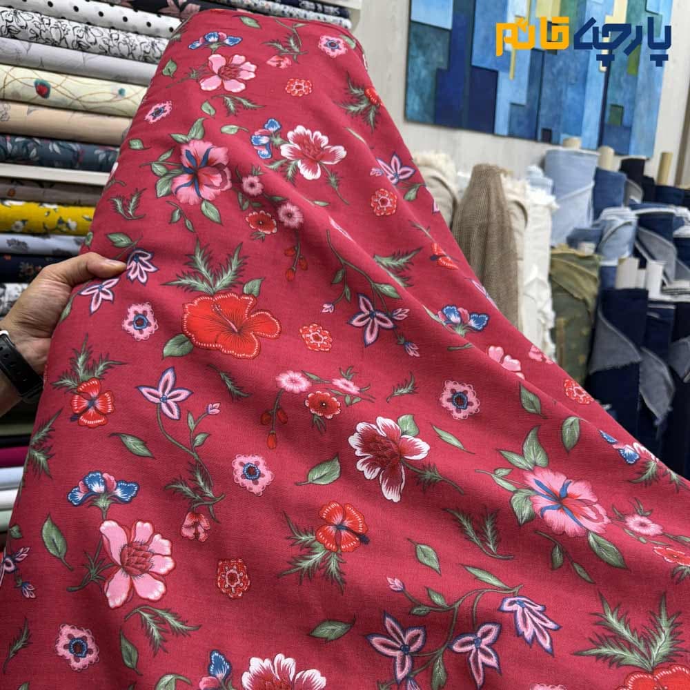 پارچه بهاره و تابستانه لینن طرحدار کره ای زمینه سرخابی صورتی گلدار خاص کد ۶۹۴۳