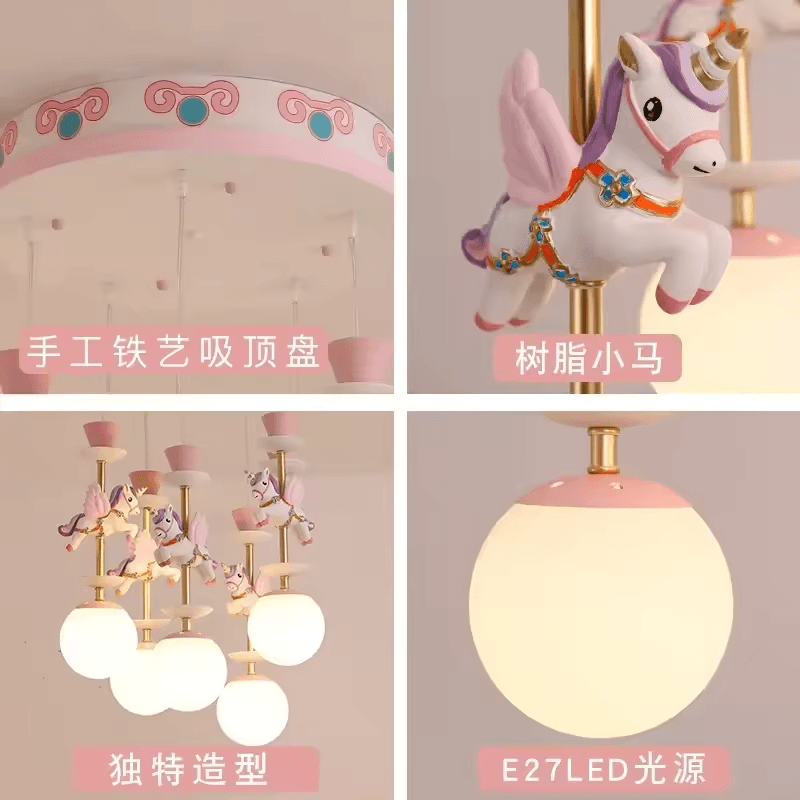 چراغ سقفی LED گوی شیشه‌ای نوردیک طرح اسب چرخان برای اتاق خواب کودکان، مهد کودک، لوسترهای آبی صورتی دکور منزل — تصویر ۲