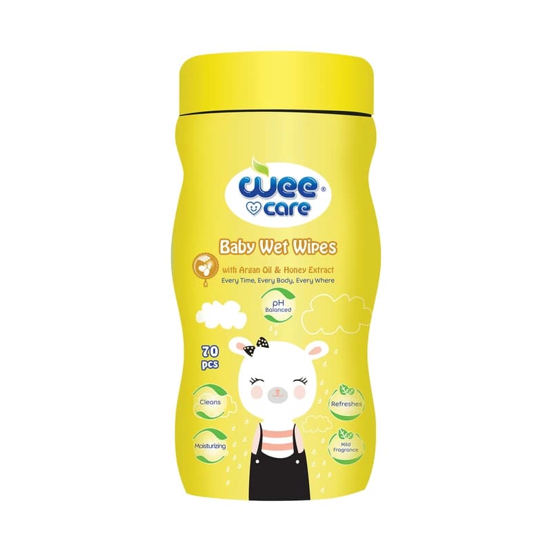 دستمال مرطوب کودک وی کر (Wee Care) مدل عصاره عسل و روغن آرگان سیلندری بسته 70 عددی — تصویر ۲