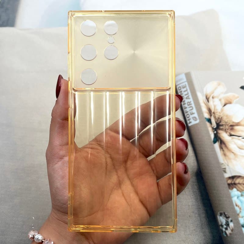 قاب گوشی Galaxy S23 Ultra سامسونگ Crystal Square سیلیکونی شفاف ضد ضربه کرکره ای محافظ لنز دار طلایی کد 397958