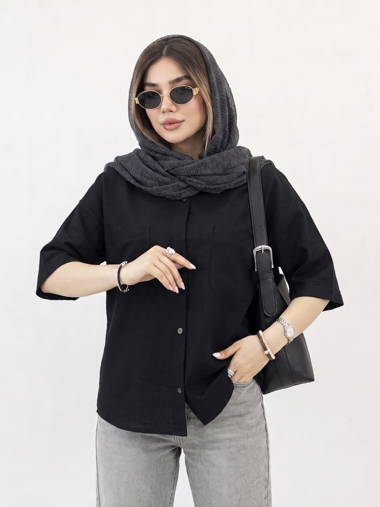 شومیز لینن آستین کوتاه دوجیب — تصویر ۷