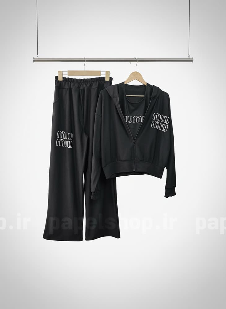 سویشرت کلاه دار و شلوار بگ و کراپ تاپ تیپ دورس مشکی طرح میو میو miu miu — تصویر ۲