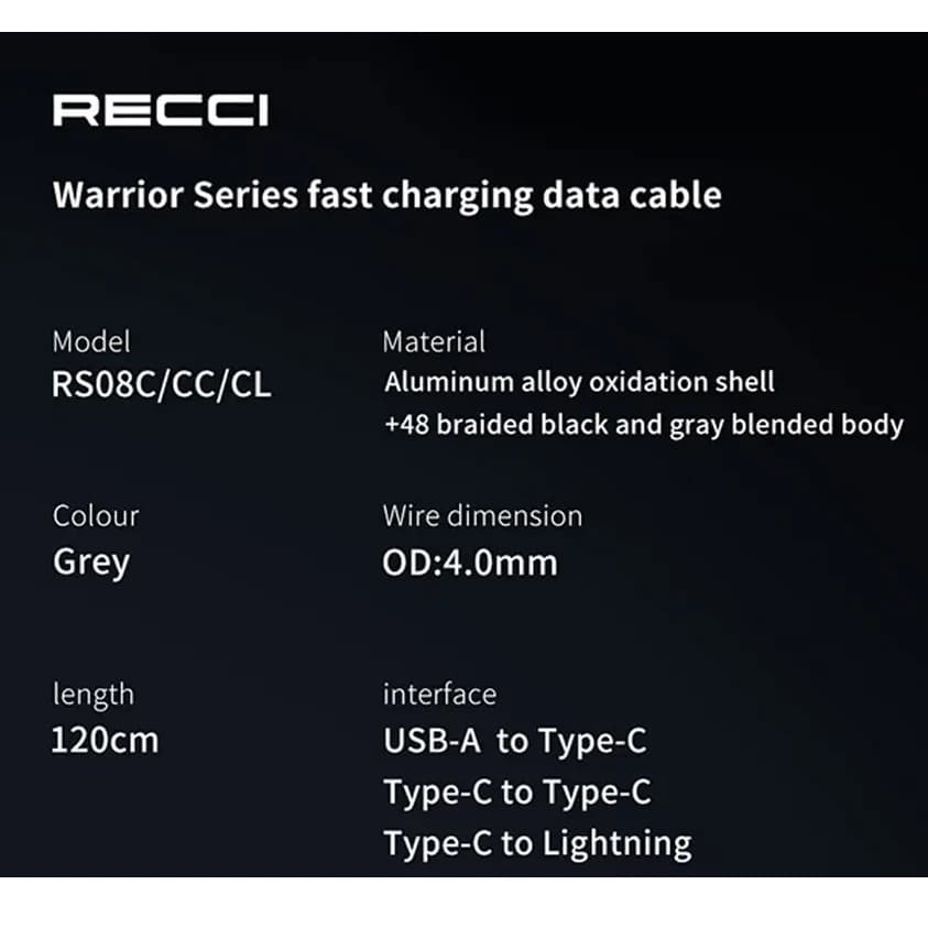 کابل تبدیل USB به USB-C رسی مدل RS08C طول 1.2 متر — تصویر ۳